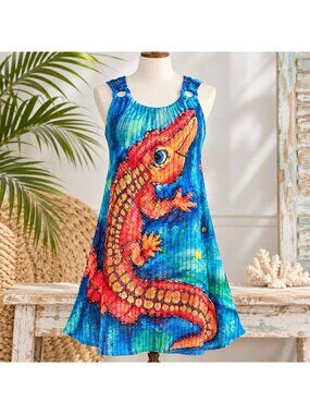 Leoma Lovegrove Alligator Dress Beach Cover Resort Florida Art Sleeveless Sz M